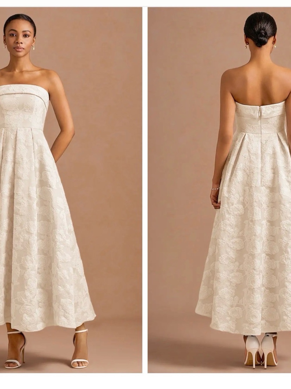 Strapless Ivory Jacquard A-Line Midi Dress Clementine Cream Maxi Dress